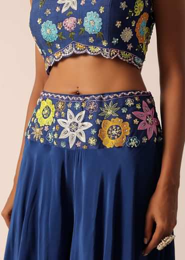 Blue Jacket And Palazzo Set With Floral Motif Embroidery