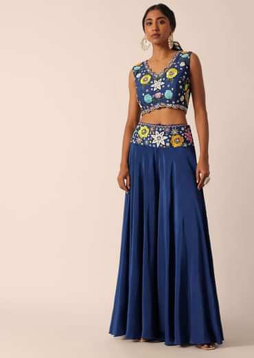 Blue Jacket And Palazzo Set With Floral Motif Embroidery