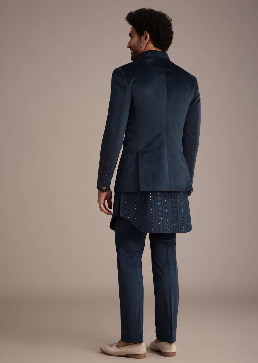 Blue Jacquard Kurta Jacket Set With Broach