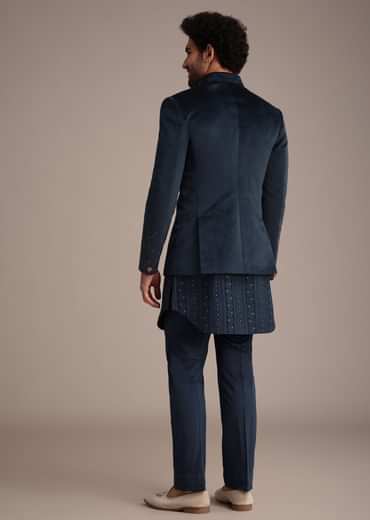 Blue Jacquard Kurta Jacket Set With Broach