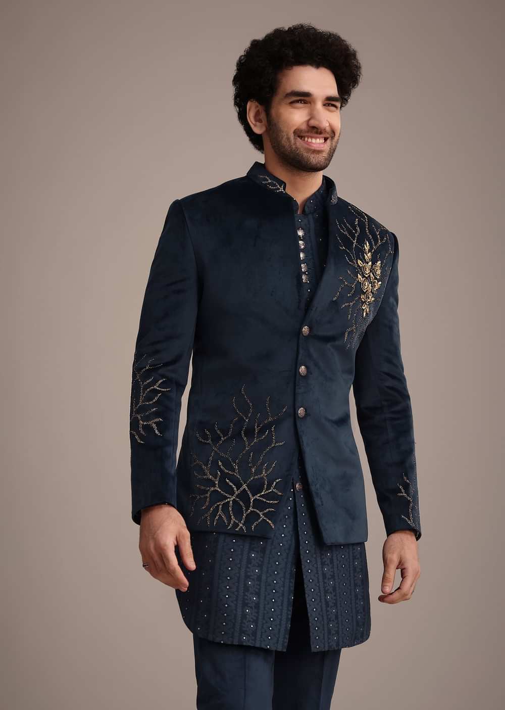 Blue Jacquard Kurta Jacket Set With Broach