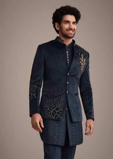 Blue Jacquard Kurta Jacket Set With Broach