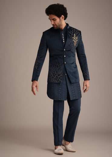 Blue Jacquard Kurta Jacket Set With Broach