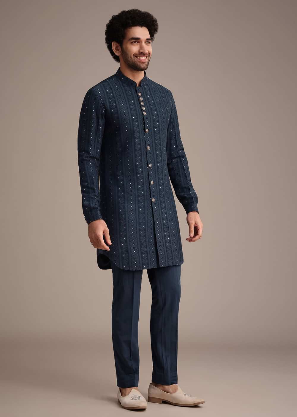Blue Jacquard Kurta Jacket Set With Broach