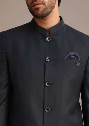 Blue Jodhpuri And Pant Set With Pocket Square