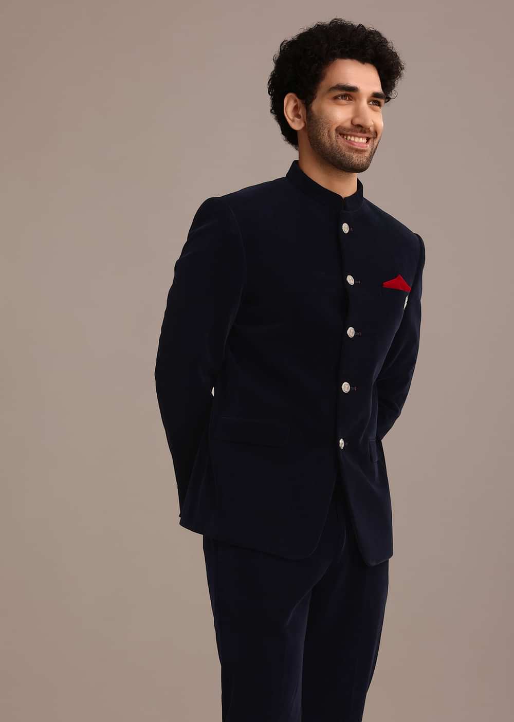 Blue Jodhpuri Suit In Velvet With Pocket Square