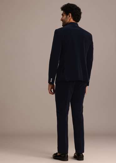 Blue Jodhpuri Suit In Velvet With Pocket Square