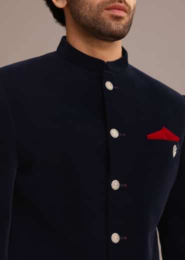 Blue Jodhpuri Suit In Velvet With Pocket Square