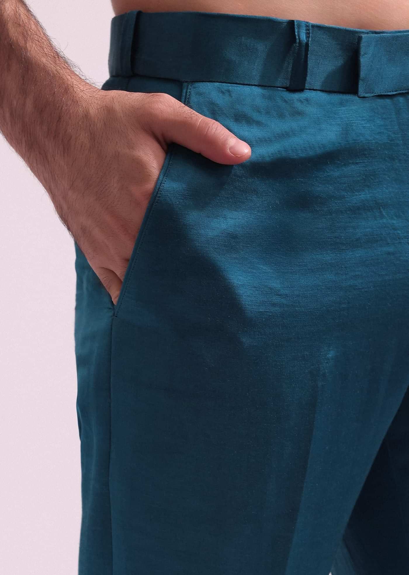 Blue Linen Satin Tuxedo With Pleated Shirt And Pants