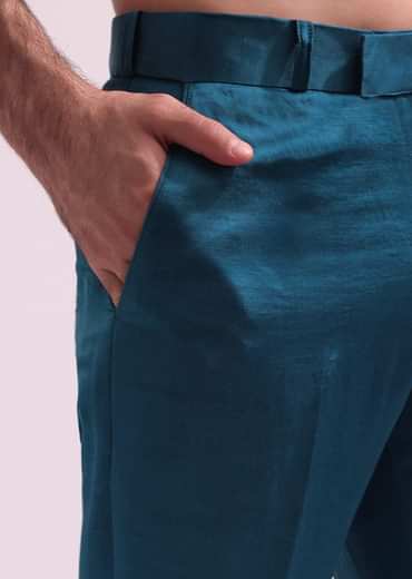 Blue Linen Satin Tuxedo With Pleated Shirt And Pants