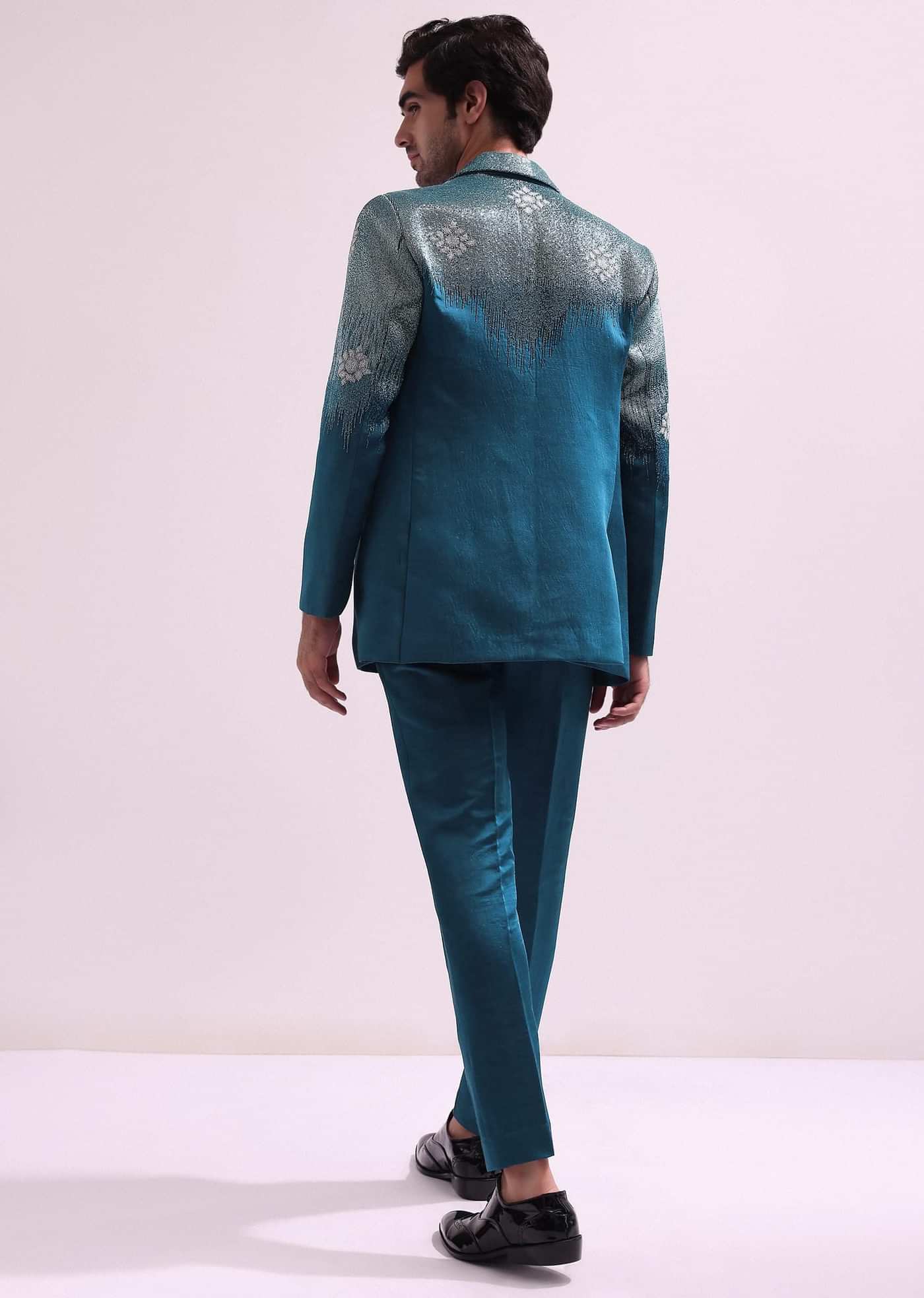 Blue Linen Satin Tuxedo With Pleated Shirt And Pants
