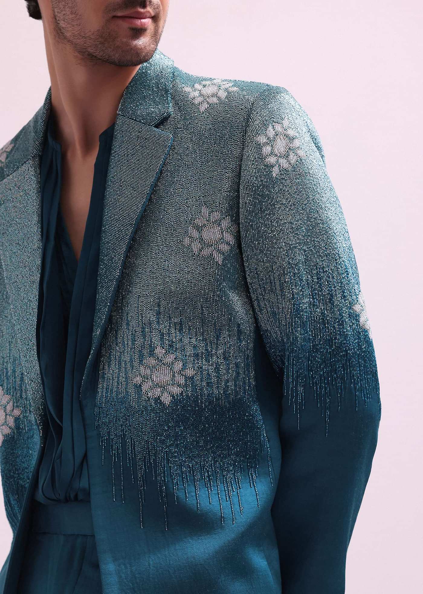 Blue Linen Satin Tuxedo With Pleated Shirt And Pants