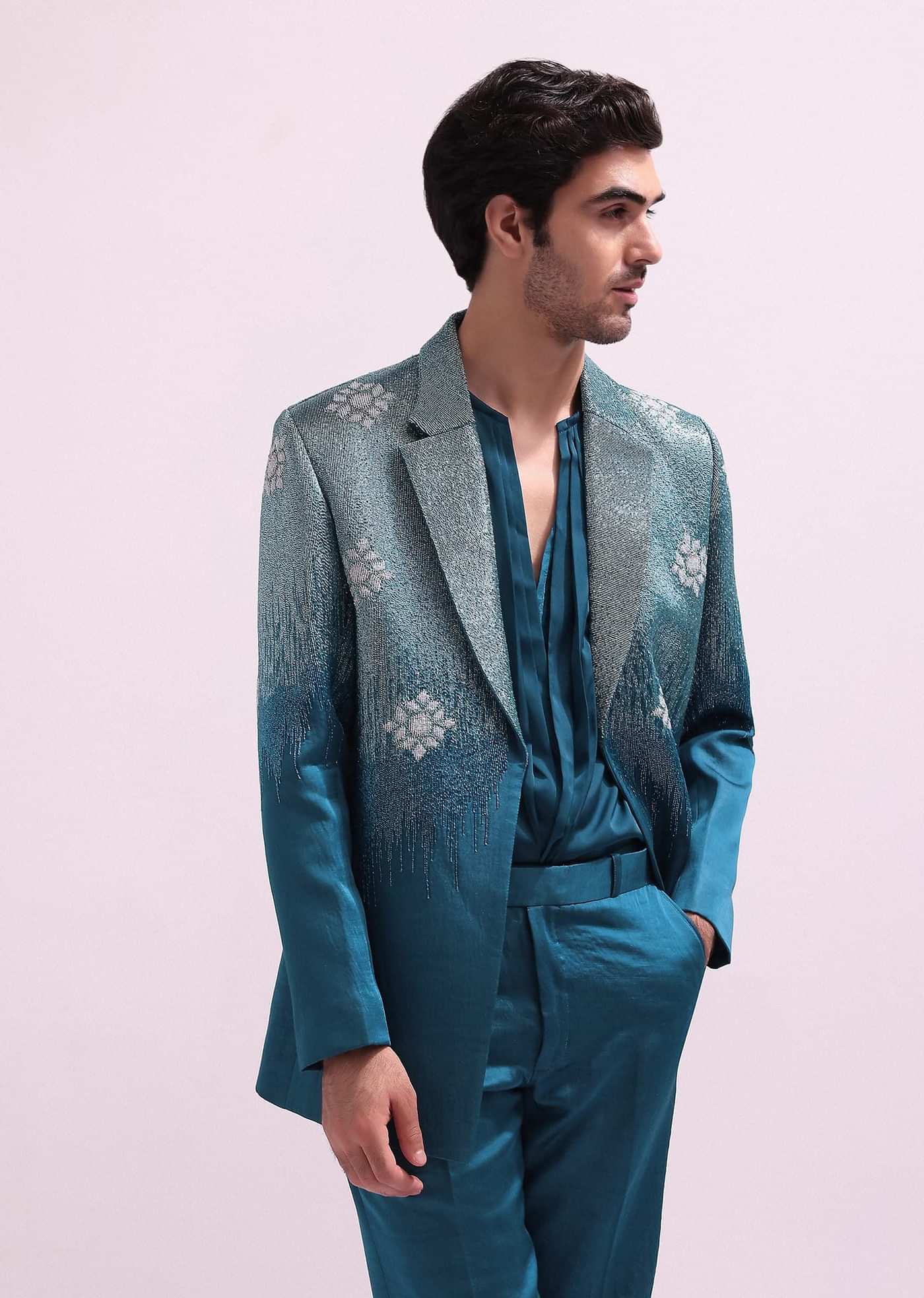 Blue Linen Satin Tuxedo With Pleated Shirt And Pants