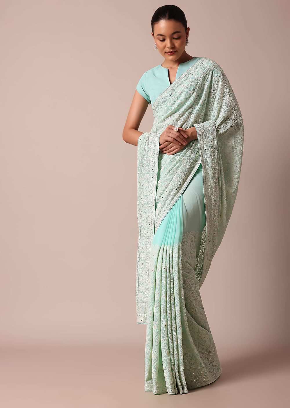 Blue Lucknowi Chikankari Saree With Sequin Work And Unstitched Blouse Piece