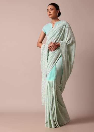 Blue Lucknowi Chikankari Saree With Sequin Work And Unstitched Blouse Piece