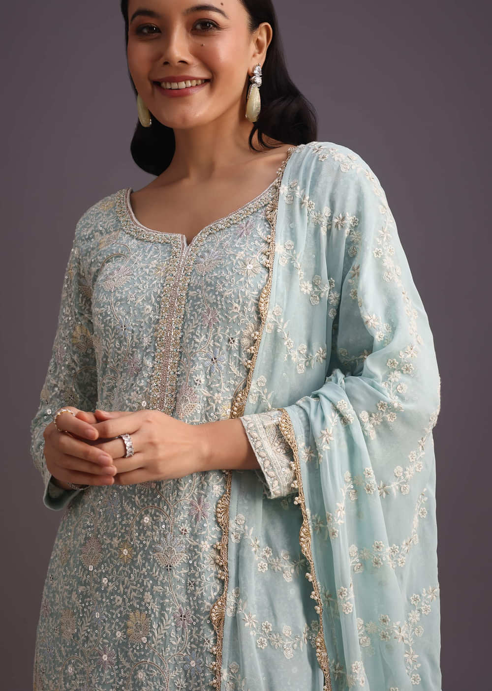 Blue Lucknowi Kurti Set With Resham Work Dupatta And Gotta Border