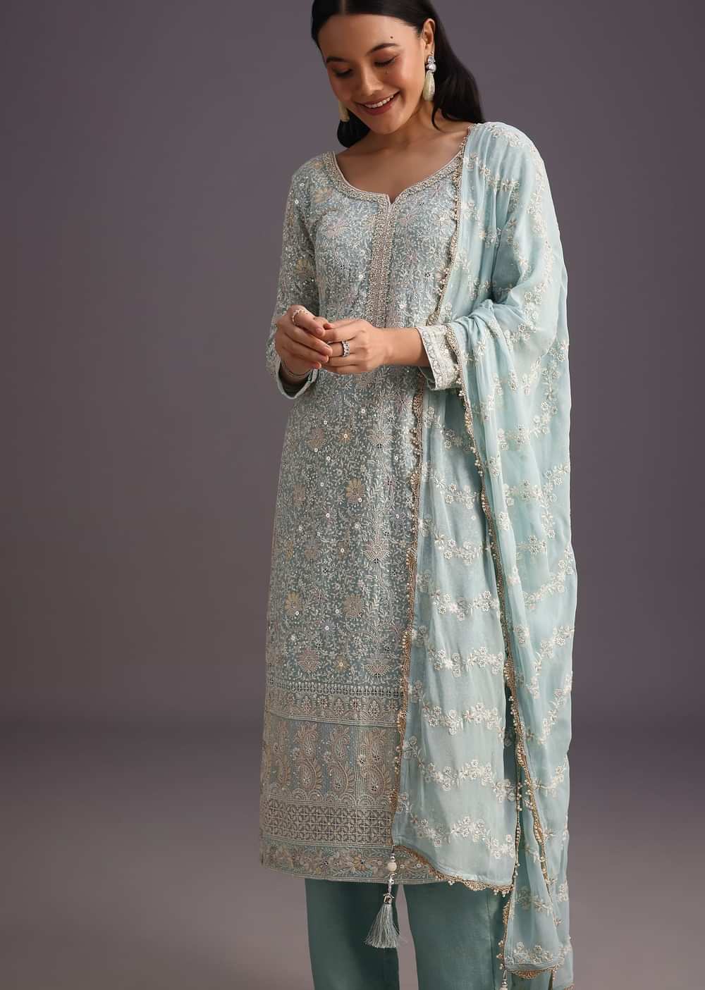 Blue Lucknowi Kurti Set With Resham Work Dupatta And Gotta Border