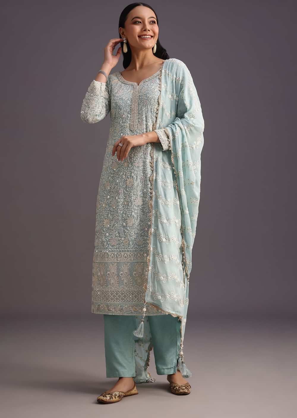 Blue Lucknowi Kurti Set With Resham Work Dupatta And Gotta Border