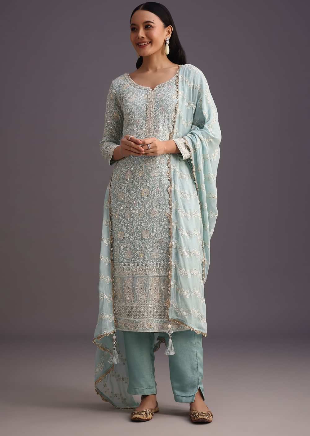 Blue Lucknowi Kurti Set With Resham Work Dupatta And Gotta Border
