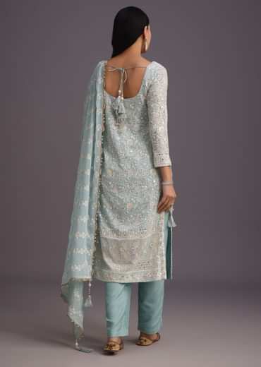 Blue Lucknowi Kurti Set With Resham Work Dupatta And Gotta Border