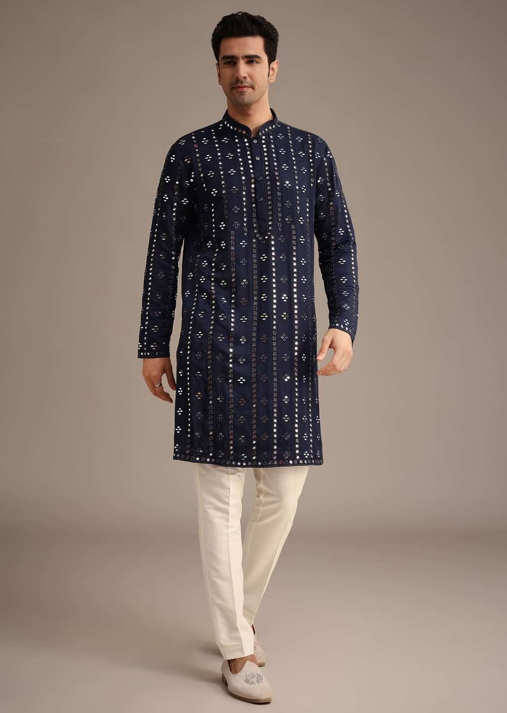 Blue Mirror Embellished Kurta Set With Dupatta