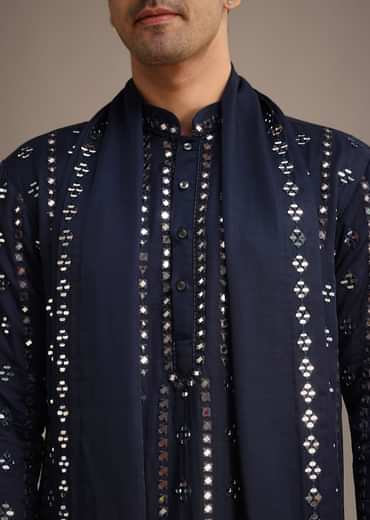 Blue Mirror Embellished Kurta Set With Dupatta