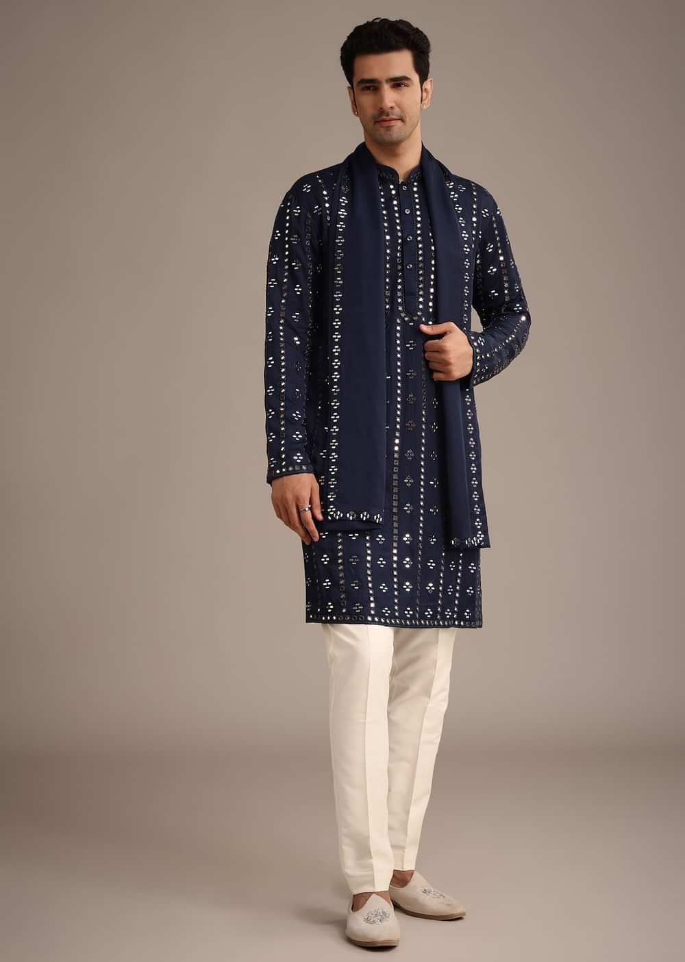 Blue Mirror Embellished Kurta Set With Dupatta