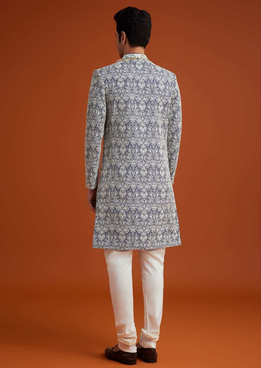 Blue Monga Silk Sherwani Set With Embroidery And Bead Work