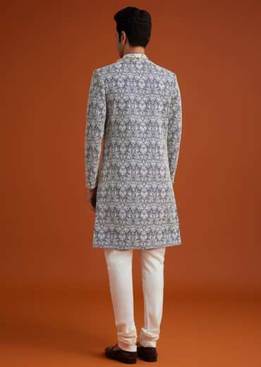 Blue Monga Silk Sherwani Set With Embroidery And Bead Work