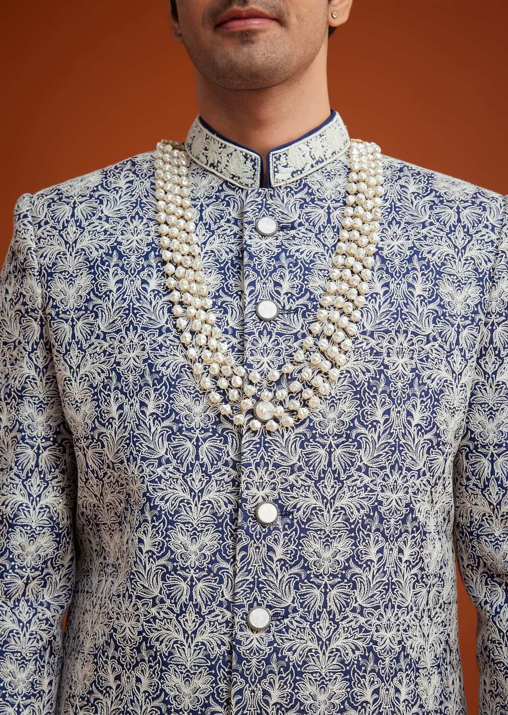 Blue Monga Silk Sherwani Set With Embroidery And Bead Work