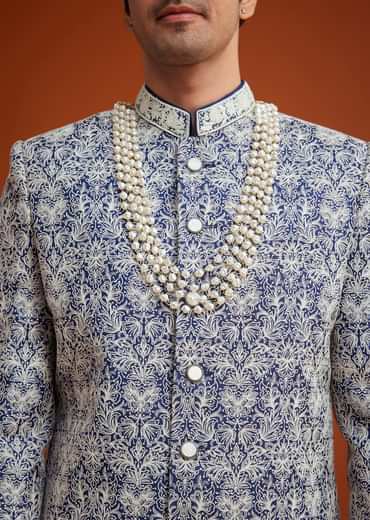 Blue Monga Silk Sherwani Set With Embroidery And Bead Work