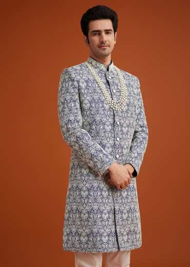 Blue Monga Silk Sherwani Set With Embroidery And Bead Work