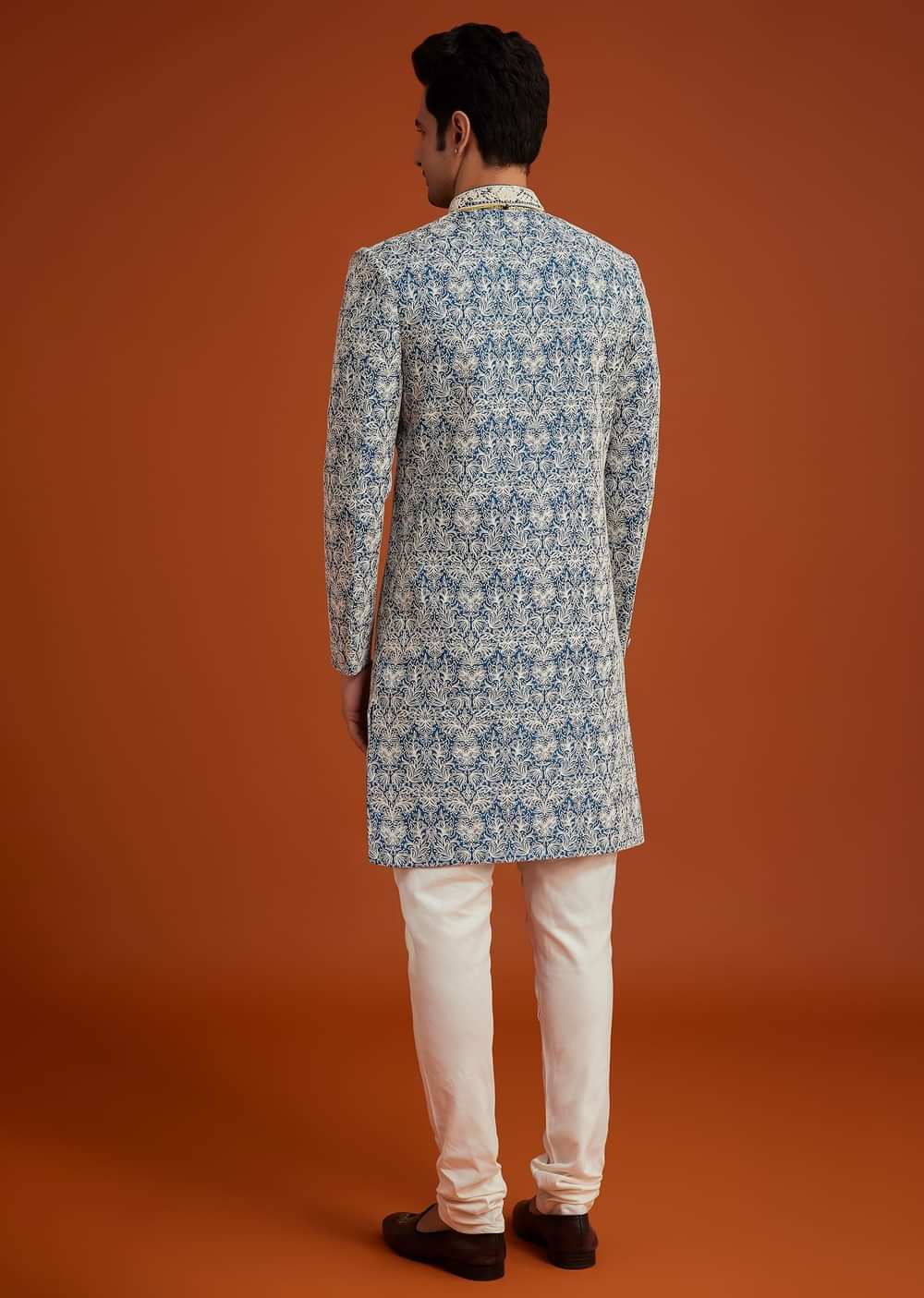 Blue Monga Silk Sherwani With Embroidery And Beadwork