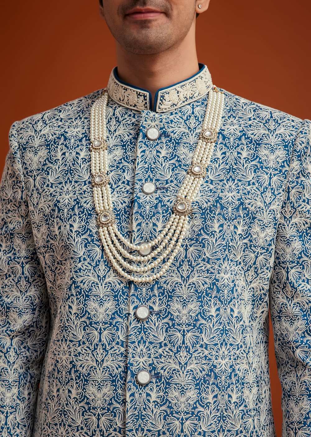 Blue Monga Silk Sherwani With Embroidery And Beadwork