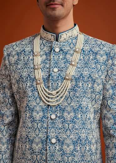 Blue Monga Silk Sherwani With Embroidery And Beadwork