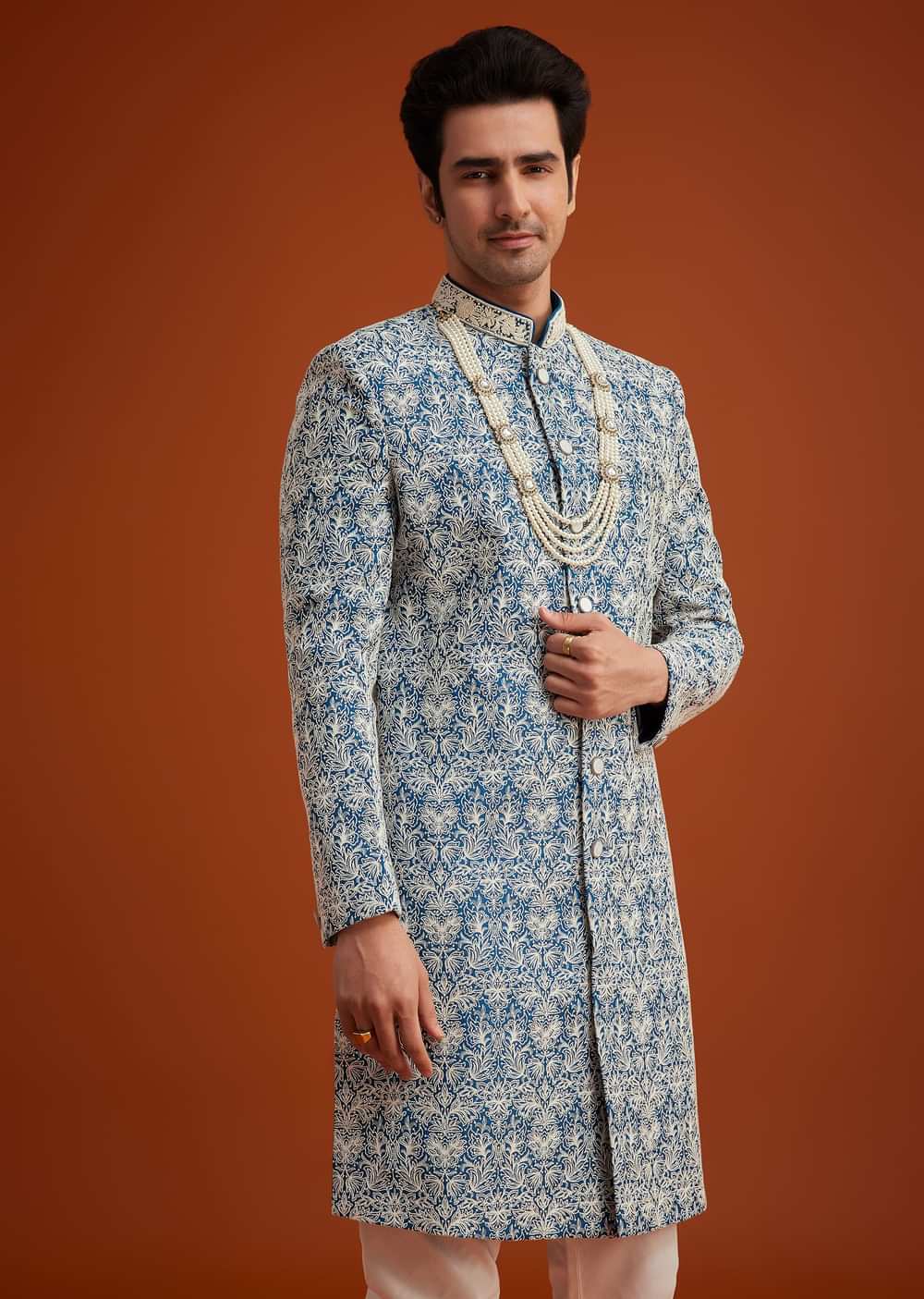 Blue Monga Silk Sherwani With Embroidery And Beadwork