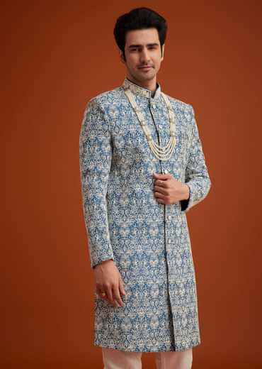 Blue Monga Silk Sherwani With Embroidery And Beadwork
