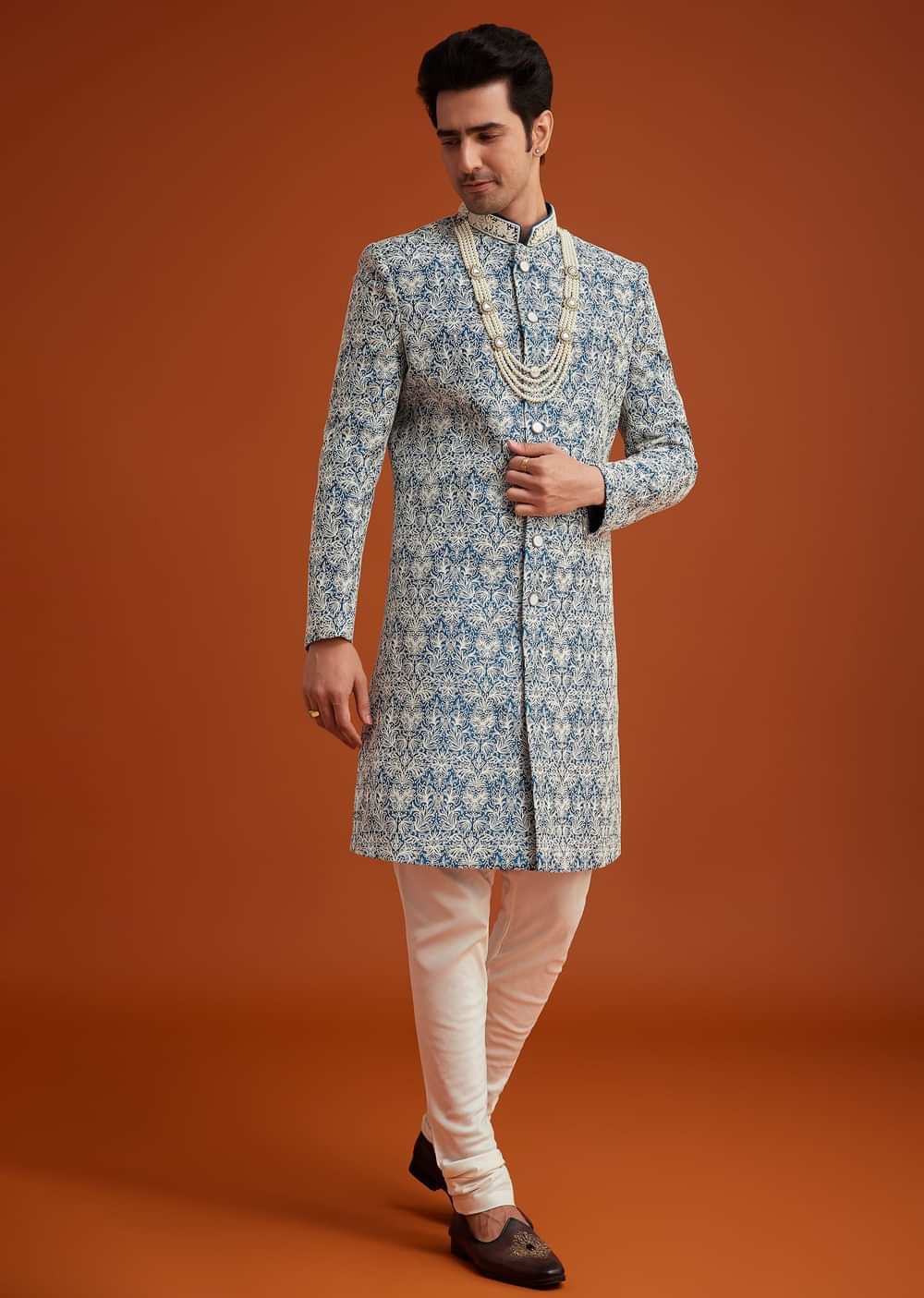 Blue Monga Silk Sherwani With Embroidery And Beadwork