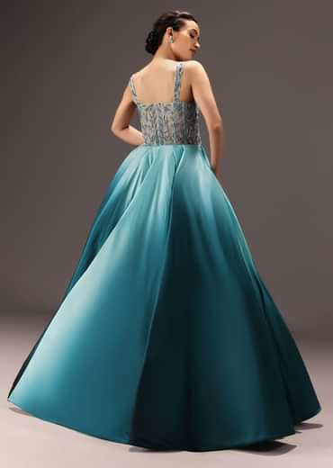 Blue Ombré Flared Gown With Tone On Tone Embroidery