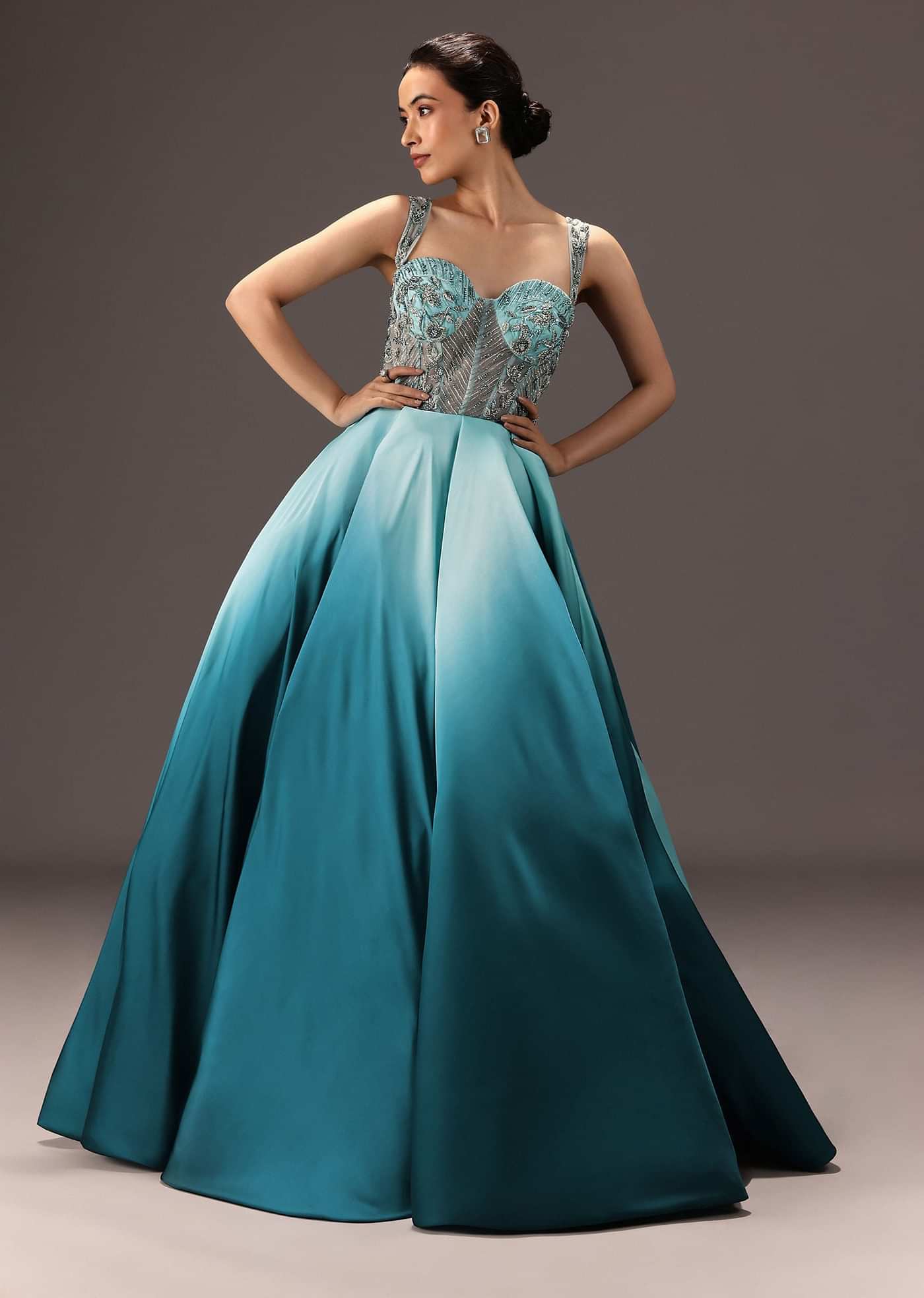 Blue Ombré Flared Gown With Tone On Tone Embroidery
