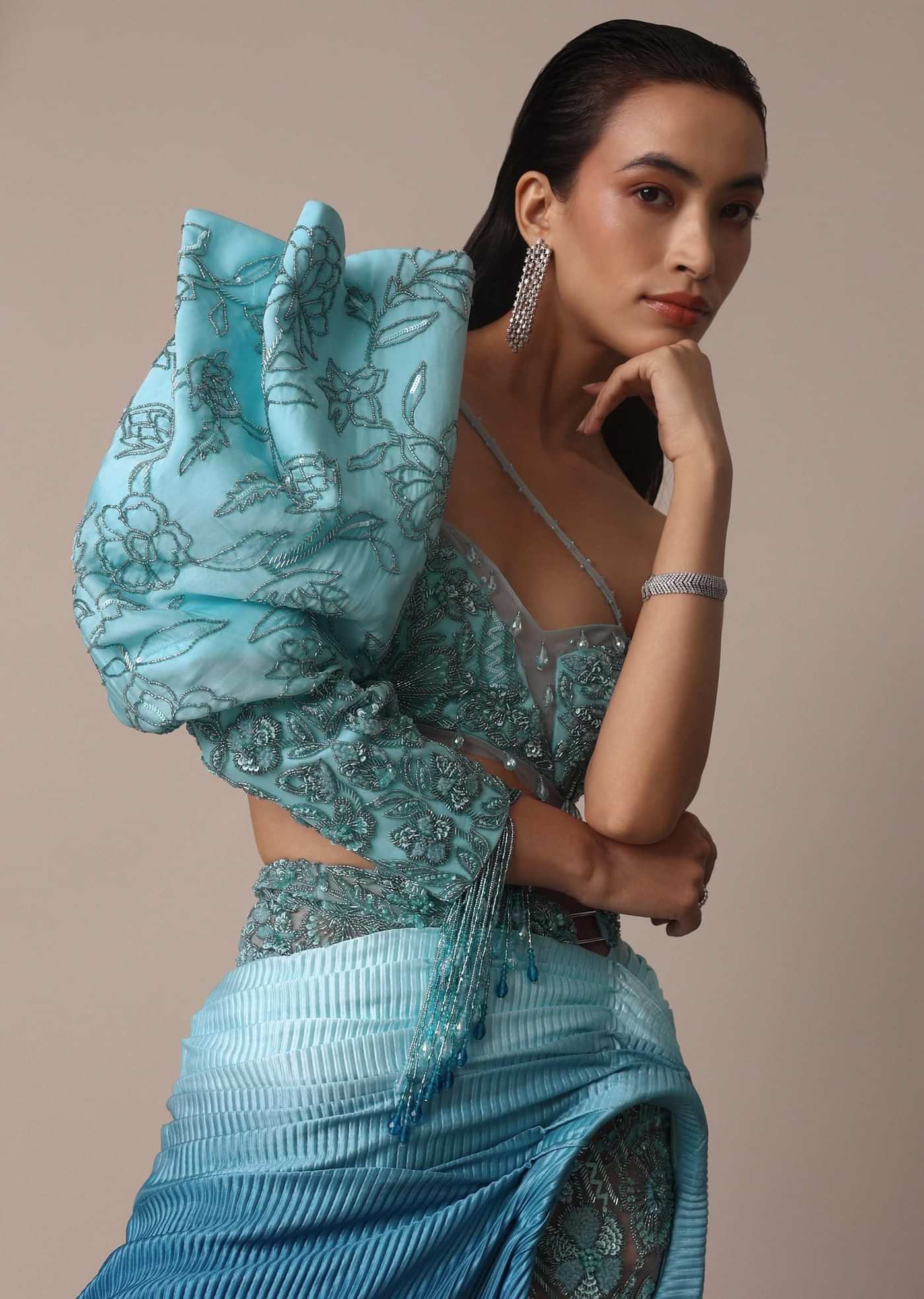 Blue Ombre Asymmetric Slit Trail Skirt And Balloon Sleeve Blouse