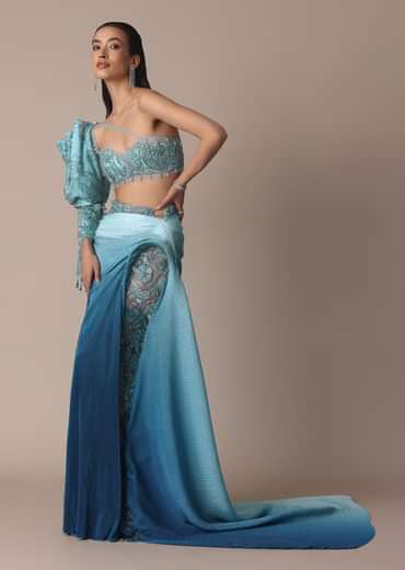 Blue Ombre Asymmetric Slit Trail Skirt And Balloon Sleeve Blouse