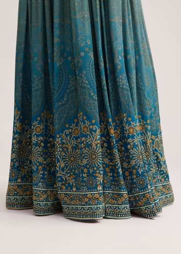 Blue Ombre Crepe Kurta Palazzo Set With Embellished Net Dupatta