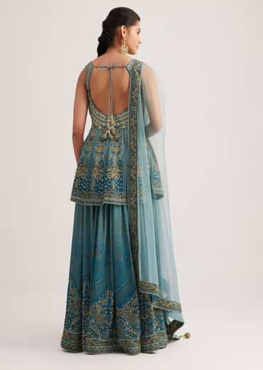 Blue Ombre Crepe Kurta Palazzo Set With Embellished Net Dupatta