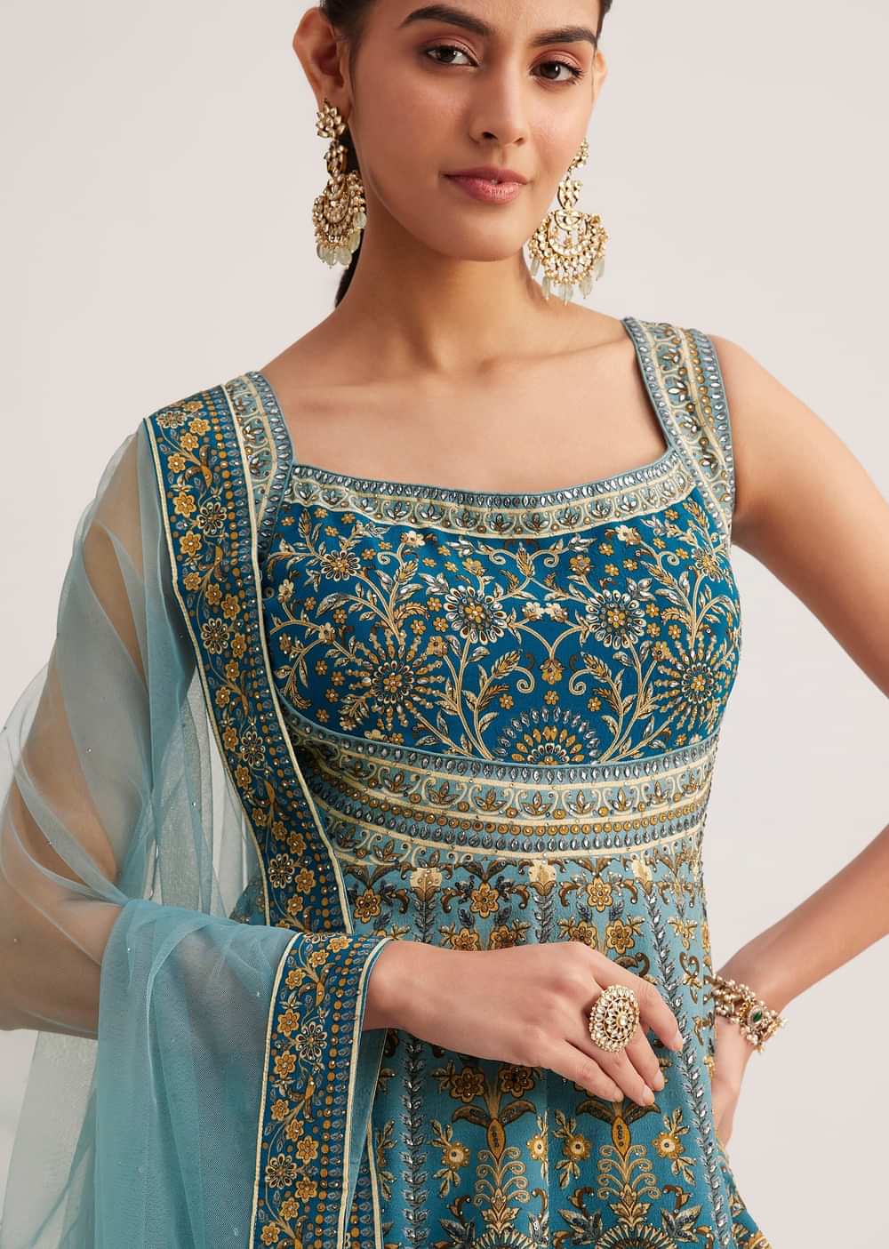 Blue Ombre Crepe Kurta Palazzo Set With Embellished Net Dupatta