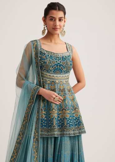 Blue Ombre Crepe Kurta Palazzo Set With Embellished Net Dupatta