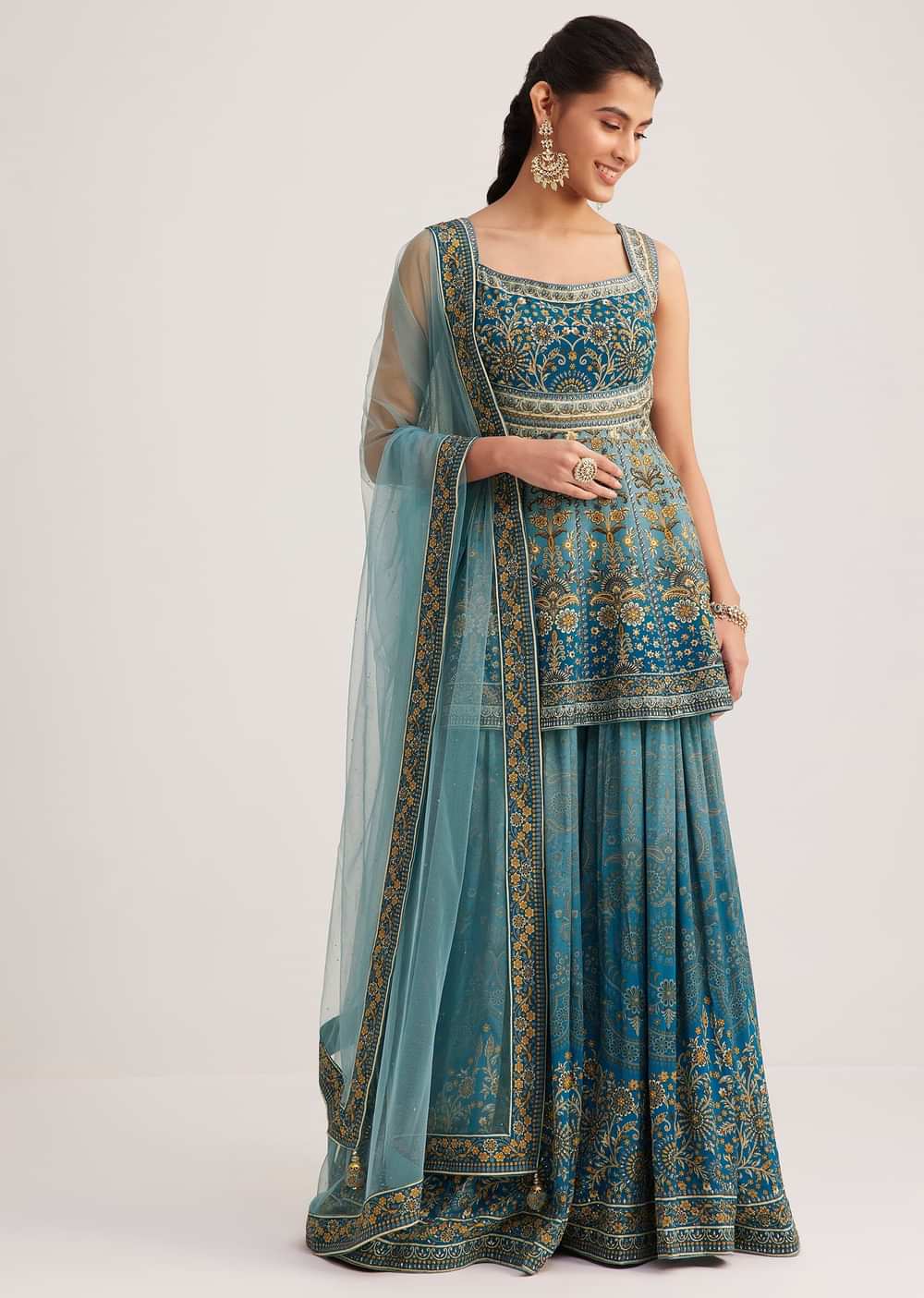 Blue Ombre Crepe Kurta Palazzo Set With Embellished Net Dupatta