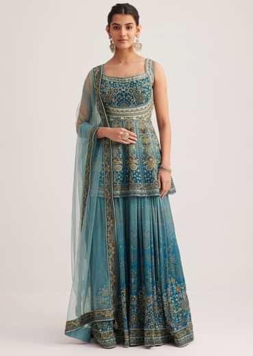 Blue Ombre Crepe Kurta Palazzo Set With Embellished Net Dupatta