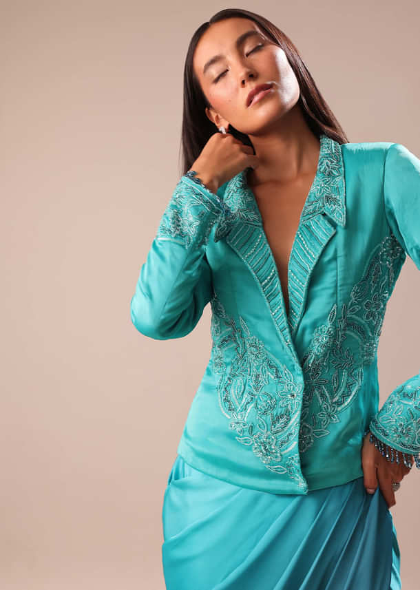 Blue Ombre Draped Skirt WIth Embroidered Jacket