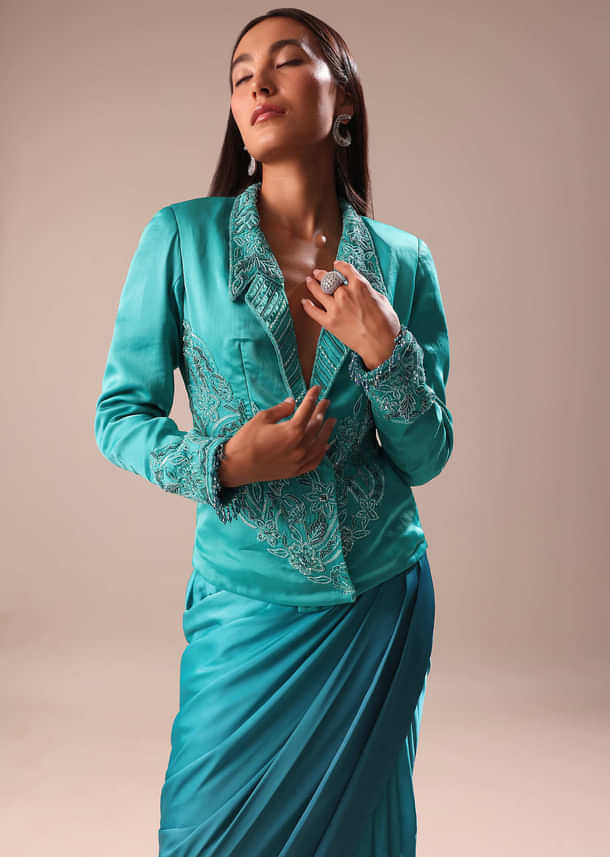 Blue Ombre Draped Skirt WIth Embroidered Jacket